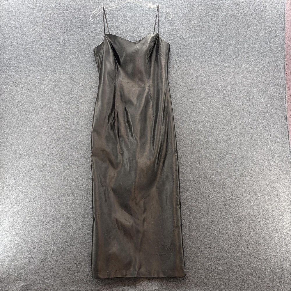 VTG 90s Scene Dress Small Pewter Gray Shiny Taffeta Maxi Gown Formal Party Slip